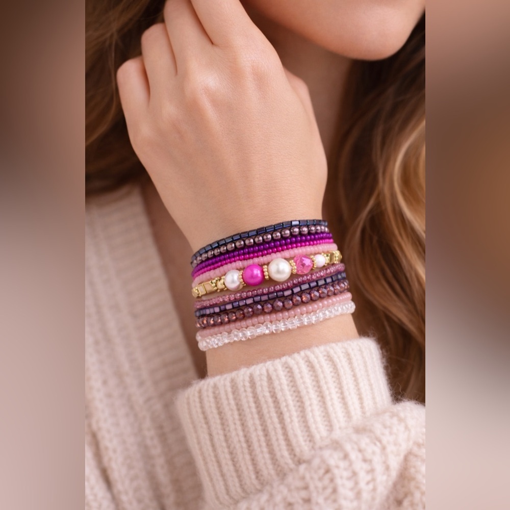 Royal Raspberry Beaded‎ Bracelet Stack with Elastic OS